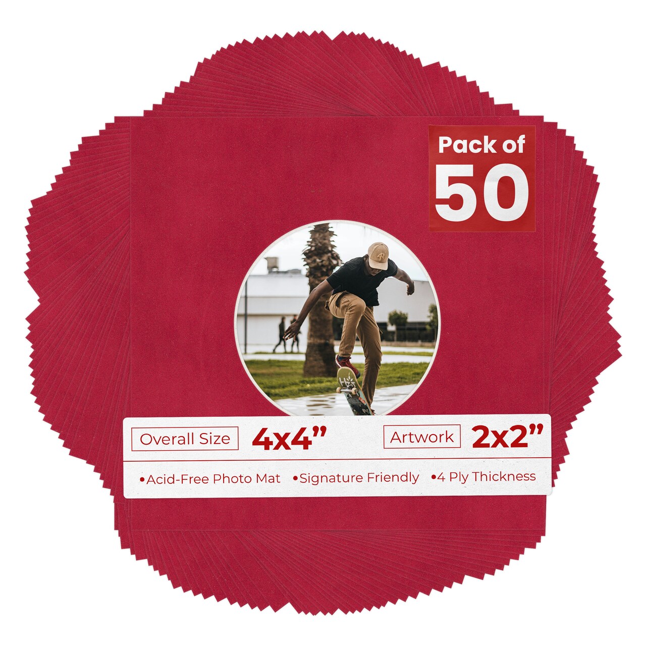 Red Suede Mat Board for 4x4 Inch Frames - Circle Opening for 2x2 Photos
